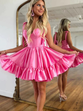Shop 2023 ANNAKOO Pink Satin Short Tie Shoulder Ruffles Homecoming Dress Under 139