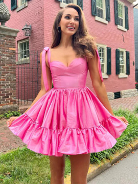 Shop 2023 ANNAKOO Pink Satin Short Tie Shoulder Ruffles Homecoming Dress Under 139