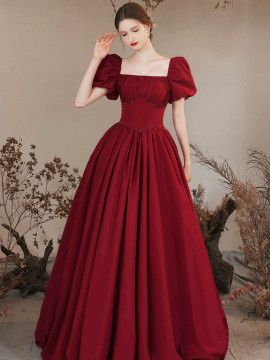 Shop 2023 ANNAKOO Burgundy Satin Puffy Sleeve Formal Evening Prom Dress Under 178