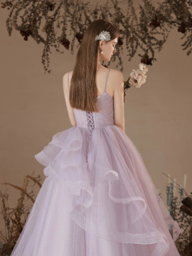 Shop 2023 ANNAKOO Light Purple Tulle Long A-Line Beading Straps Prom Dress  Under 178