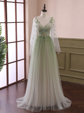 Shop 2023 ANNAKOO  Light Green Tulle Long Sleeve 3D Flower Prom Dress Under 168