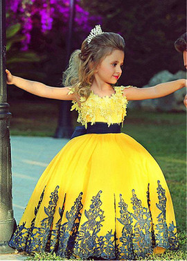 Yellow Tulle Jewel Belt Ball Gown Flower Girl Dress With Appliques