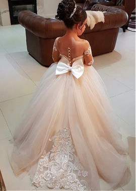 Long Sleeve Ball Gown Tulle Bateau Flower Girl Dress With Bowknot