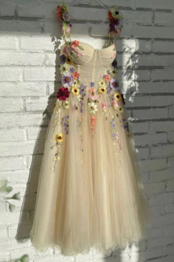 Shop 2023 ANNAKOO Champagne Floral Sweetheart Tulle A Line Prom Dress Under 165