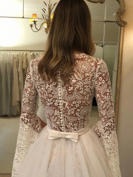 Long Sleeve Lace A Line Wedding Dress With Tulle Train