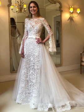 Shop 2023 ANNAKOO Long Sleeve Lace A Line Wedding Dress With Tulle Train Under 248