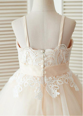  Bowknot Champagne Tulle Spaghetti Straps Flower Girl Dress