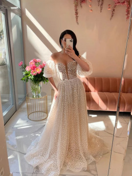Shop 2023 ANNAKOO A Line Polka Dots Detachable Puff Sleeves Wedding Dress Under 259