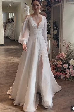 Shop 2023 ANNAKOO Long Sleeve Chiffon V Neck A Line Wedding Dress With Slit Under 158