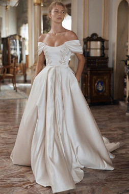 Off The Shoulder Beading Satin Wedding Dress With Pockets