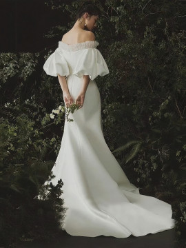 Shop 2023 ANNAKOO Trumpet Mermaid Puffy Sleeve Satin Pleats Wedding Dress Under 195