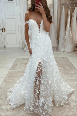 Shop 2023 ANNAKOO Off The Shoulder Trumpet Mermaid Floral Wedding Dress With Slit Under 258