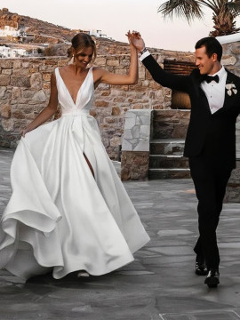 Shop 2023 ANNAKOO V Neck Satin A Line Belt Wedding Dress With Slit Under 148