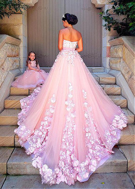 3D Flowers Bateau Cap Sleeves Long Flower Girl Dresses
