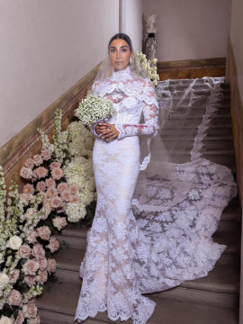 Shop 2023 ANNAKOO Long Sleeve Lace High Neck Trumpet Mermaid Wedding Dress Under 289