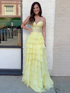 Shop 2023 ANNAKOO Strapless Layered Yellow Lace Ruffles Long Prom Dressu Under 179