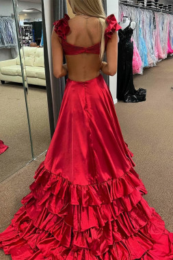 Shop 2023 ANNAKOO Ruffles V Neck Open Back Red Satin Prom Dress With High Slit Under 164