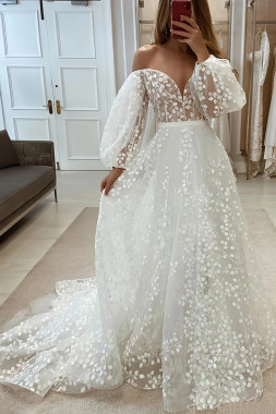 Shop 2023 ANNAKOO Off the Shoulder A-line Puffy Long Sleeves Wedding Dress Under 238