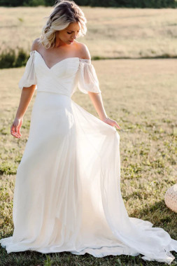 Shop 2023 ANNAKOO  Off-the-shoulder Chiffon Short Sleeve Wedding Dress Under 159