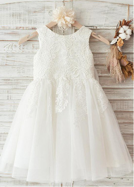 Simple Tulle & Satin Scoop Bowknot  A-line Flower Girl Dress