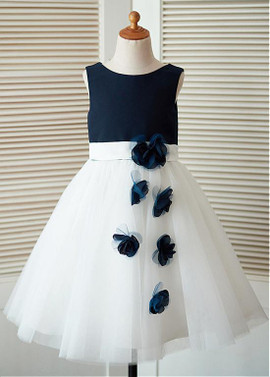 3D Flowers Satin Scoop Knee-length A-line Flower Girl Dress