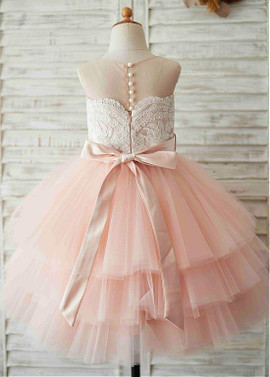 Satin Jewel Beading Pink Ball Gown Flower Girl Dresses
