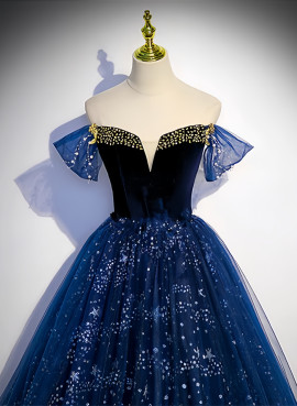 Shop 2024 ANNAKOO Blue Ball Gown Star Print Off The Shoulder Prom Dress Under 168