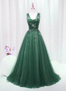 Shop 2024 ANNAKOO Green Tulle V Neck Beading A Line Prom Dress Under 176