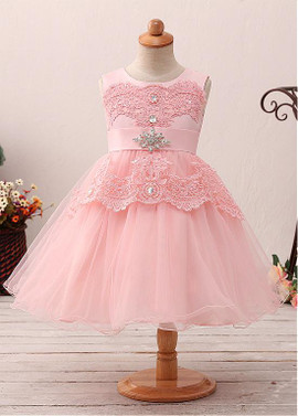 Pink Satin Jewel Neckline A-line Flower Girl Dress With Belt