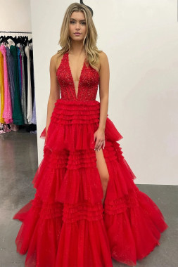 Shop 2024 ANNAKOO Mesh V Neck Beading Tulle Ruffles Prom Dress With Slit Under 199