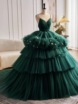 Shop 2024 ANNAKOO Open Back V Neck Ball Gown Green Tulle Prom Dress Under 229