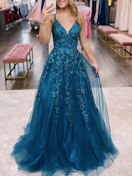 Shop 2024 ANNAKOO Blue Spaghetti Straps A-Line Glitter Tulle Appliques Prom Dress Under 145