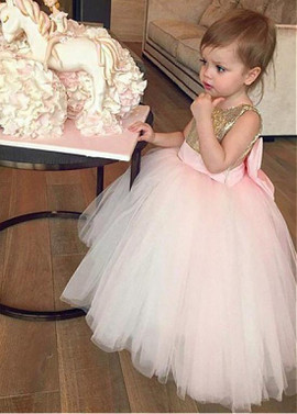 Sequin Scoop Ball Gown Flower Girl Dress With Bowknot