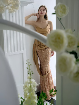 Shop 2024 ANNAKOO  Gold Trumpet Mermaid Ruched Satin Sequin Prom Dress Under 159