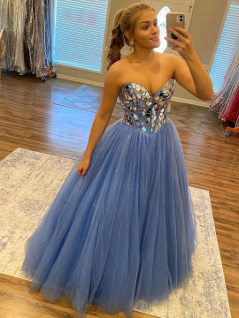 Shop 2024 ANNAKOO Sequin Strapless Blue Tulle Lace Up Prom Dress Under 179