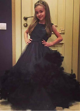 Black Satin Jewel Ruffles A-line Flower Girl Dress With Belt