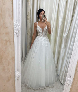 Shop 2024 Annakoo V Neck White Applique Tulle Wedding Dress Under 159