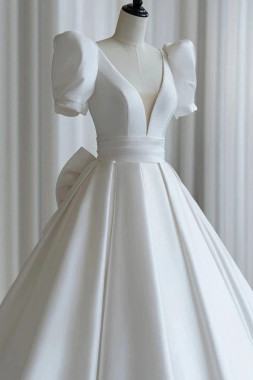 White Short Sleeve A-Line V-Neck Satin Wedding Dress With Bow