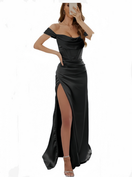 Shop 2024 Annakoo Elegance Off-Shoulder Satin Black Prom Dress Under 129