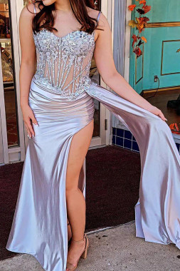 Shop 2024 ANNAKOO Gray See Through Sheath Column Satin Prom Dress With Slit Under 89