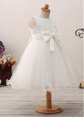  A-line Satin & Lace Jewel Flower Girl Dress With Imitation Pearls
