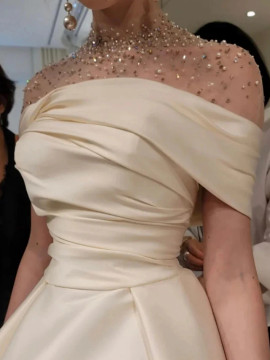 Shop 2024 ANNAKOO Short Sleeve Illusion Neck Satin Beading Black Prom Dress Under 150