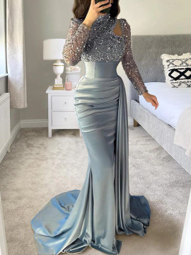 Long Sleeve High Neck Satin Silver Prom Dress