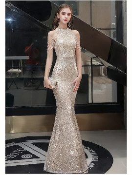 Shop 2024 ANNAKOO Champagne High Neck Sequin Trumpet Mermaid Prom Dress Under 149