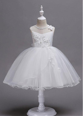 White In Stock 3D Flowers Jewel  Ball Gown Flower Girl Dress 