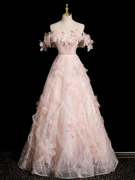 Shop 2024 ANNAKOO Off The Shoulder Pink 3D Flower Prom Dress Under 198