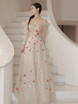 Shop 2024 ANNAKOO Long Sleeve Champange Floral A Line Princess Prom Dress Under 169