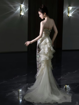 Shop 2024 ANNAKOO Sparkle Strapless Trumpet Mermaid Ruffles Train Prom Dress Under 199