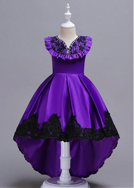 Purple In Stock Satin V-neck Beadings High Low Flower Girl Dress 