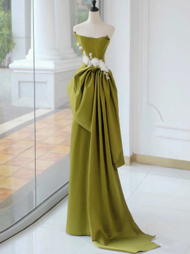 Shop 2024 ANNAKOO Strapless Green Satin White Flower A Line Prom Dress Under 149